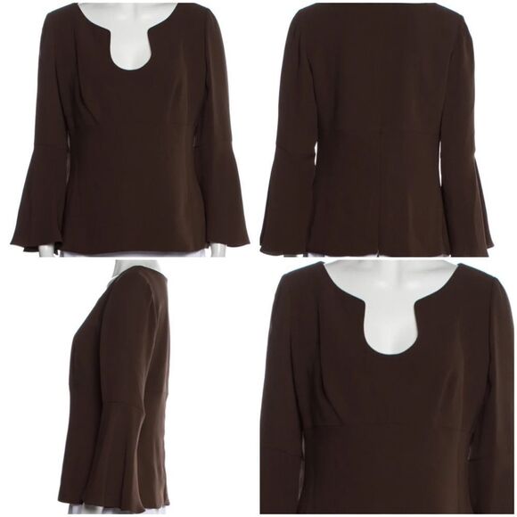 Carolina Herrera Brown Bell Sleeve Silk Scoop Neck Blouse - Picture 7 of 7